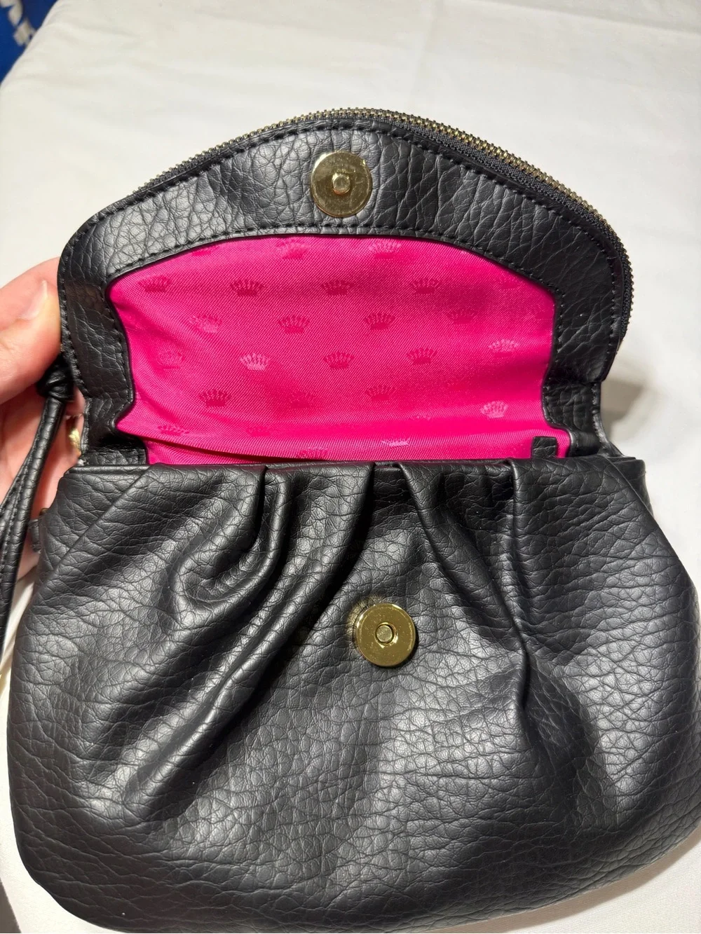 Y2K Juicy Couture Royal Black Wristlet Clutch With Hot Pink Crown Interior